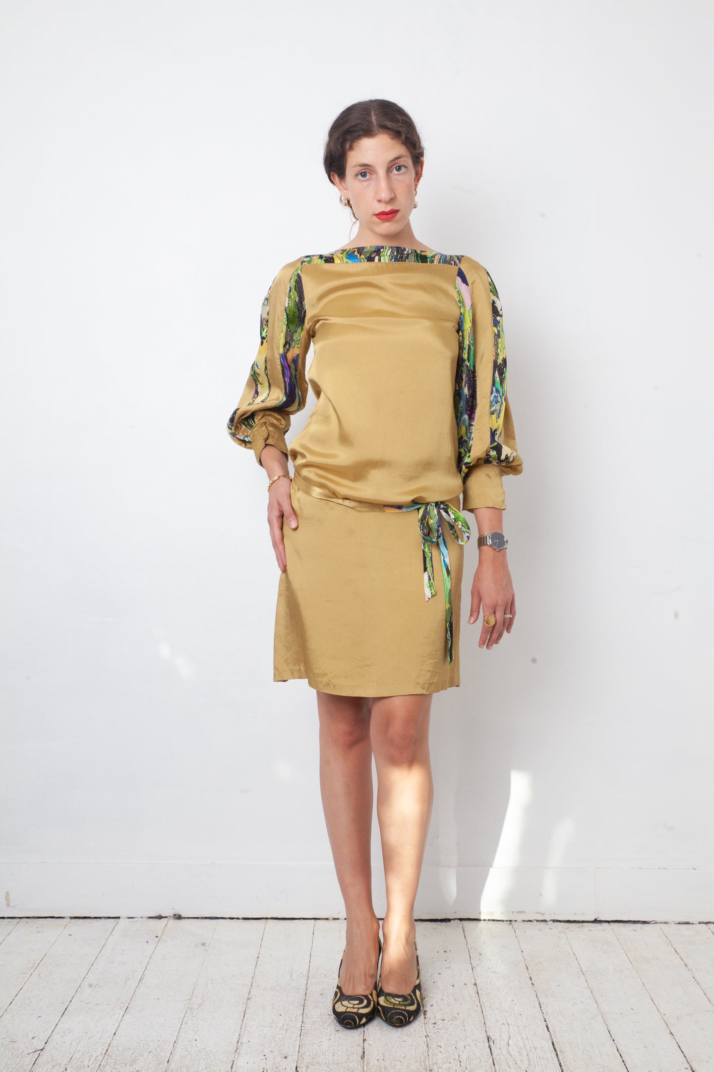 Dries van Noten 2010's mustard yellow dress with multicolour marble outlines