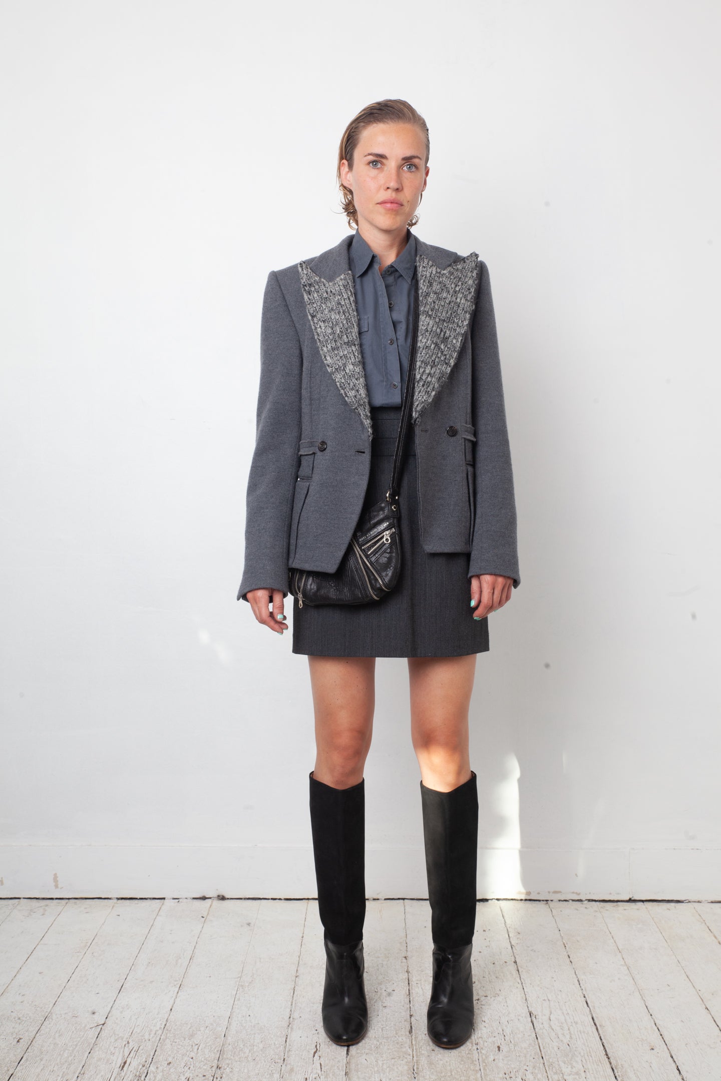 Tim van Steenbergen 2000's grey wool jersey jacket with knit collar