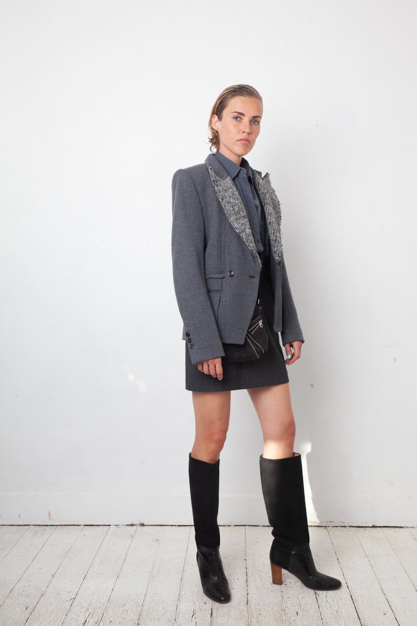 Tim van Steenbergen 2000's grey wool jersey jacket with knit collar