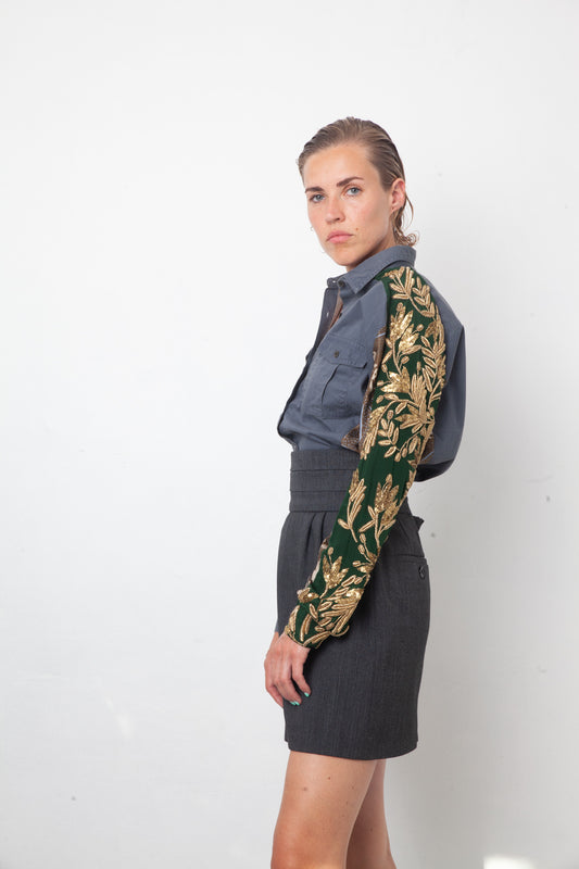 Dries van Noten 2000's grey cotton shirt with silk sleeve and golden embroideries