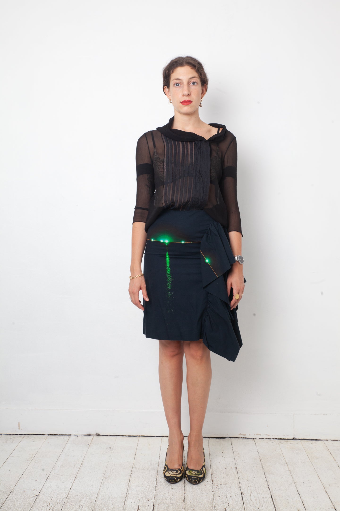 Dries van Noten 2000's cotton asymmetric ruffled skirt with lights on water print