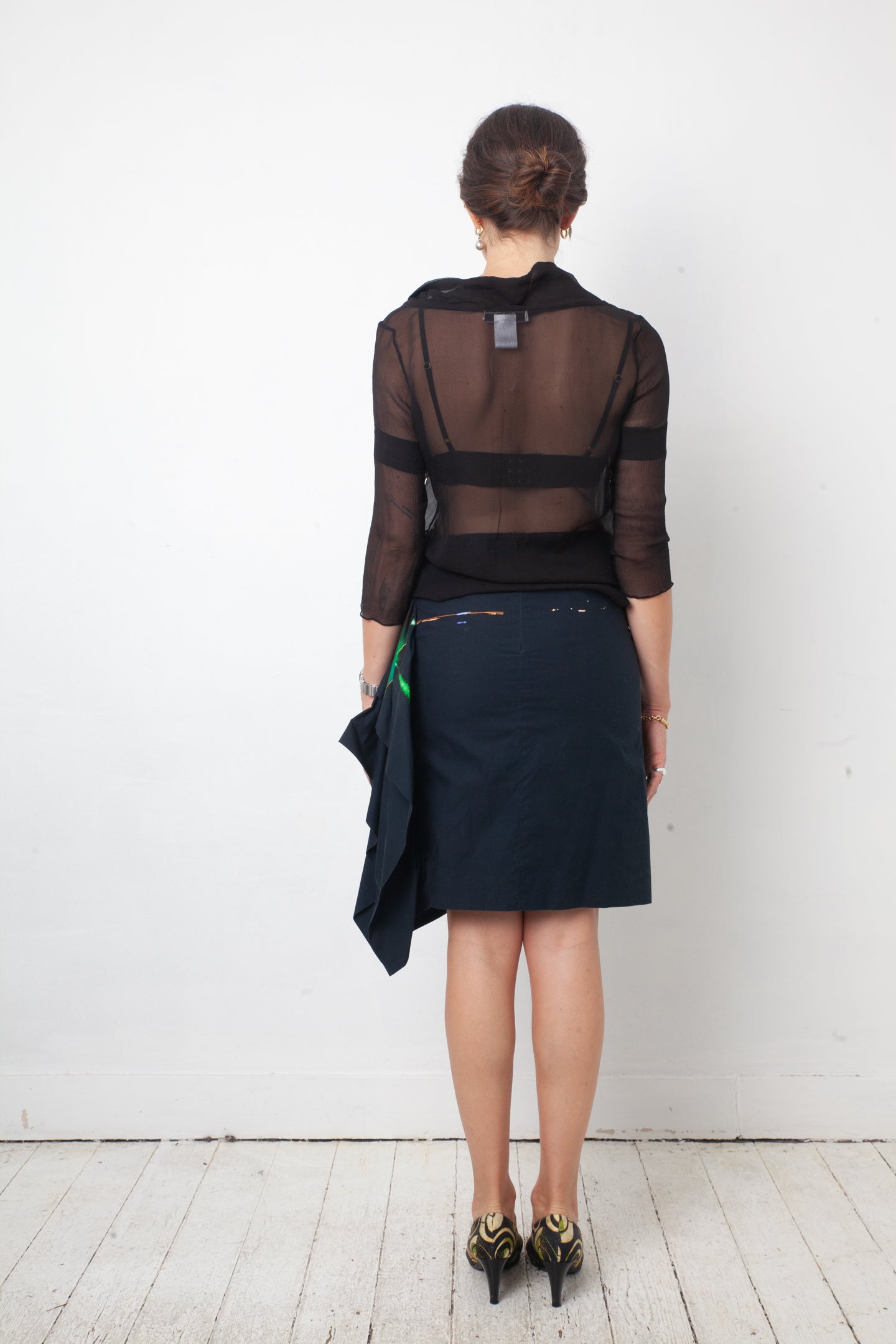 Dries van Noten 2000's cotton asymmetric ruffled skirt with lights on water print