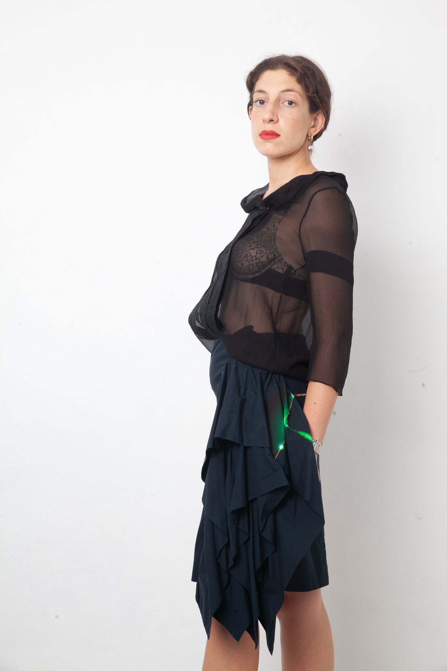 Chloé 2000's black sheer silk blouse with asymmetric button closure
