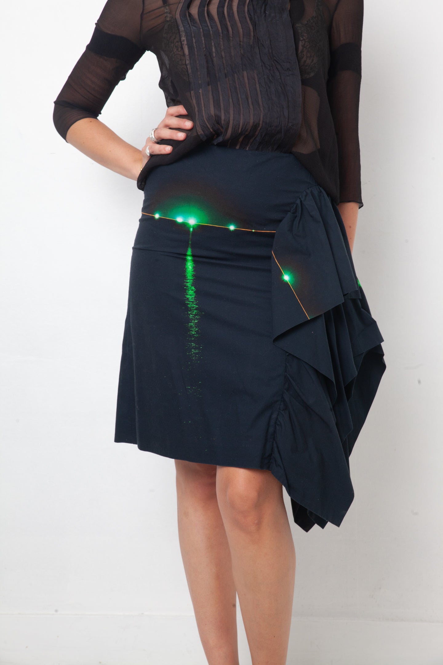 Dries van Noten 2000's cotton asymmetric ruffled skirt with lights on water print
