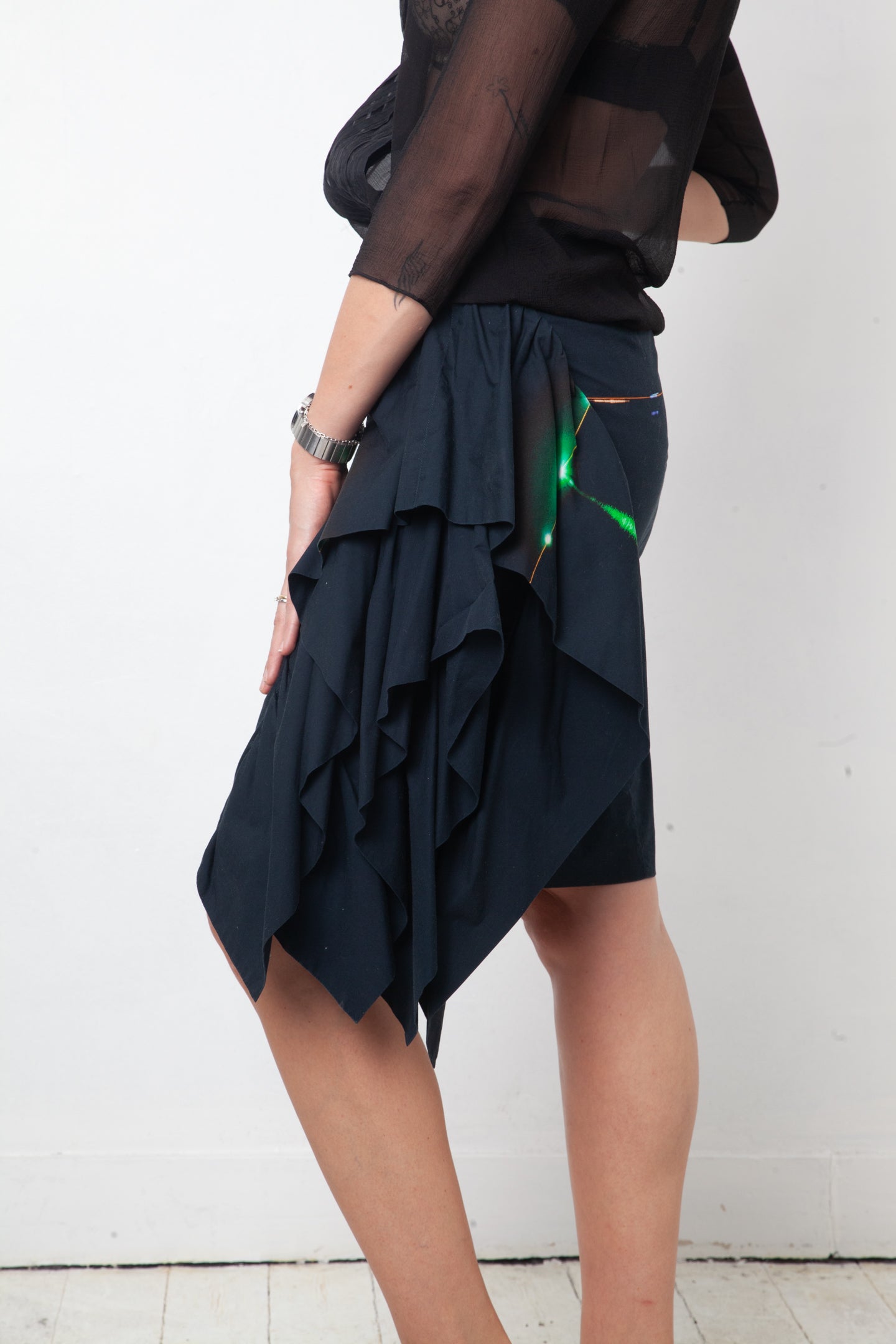 Dries van Noten 2000's cotton asymmetric ruffled skirt with lights on water print
