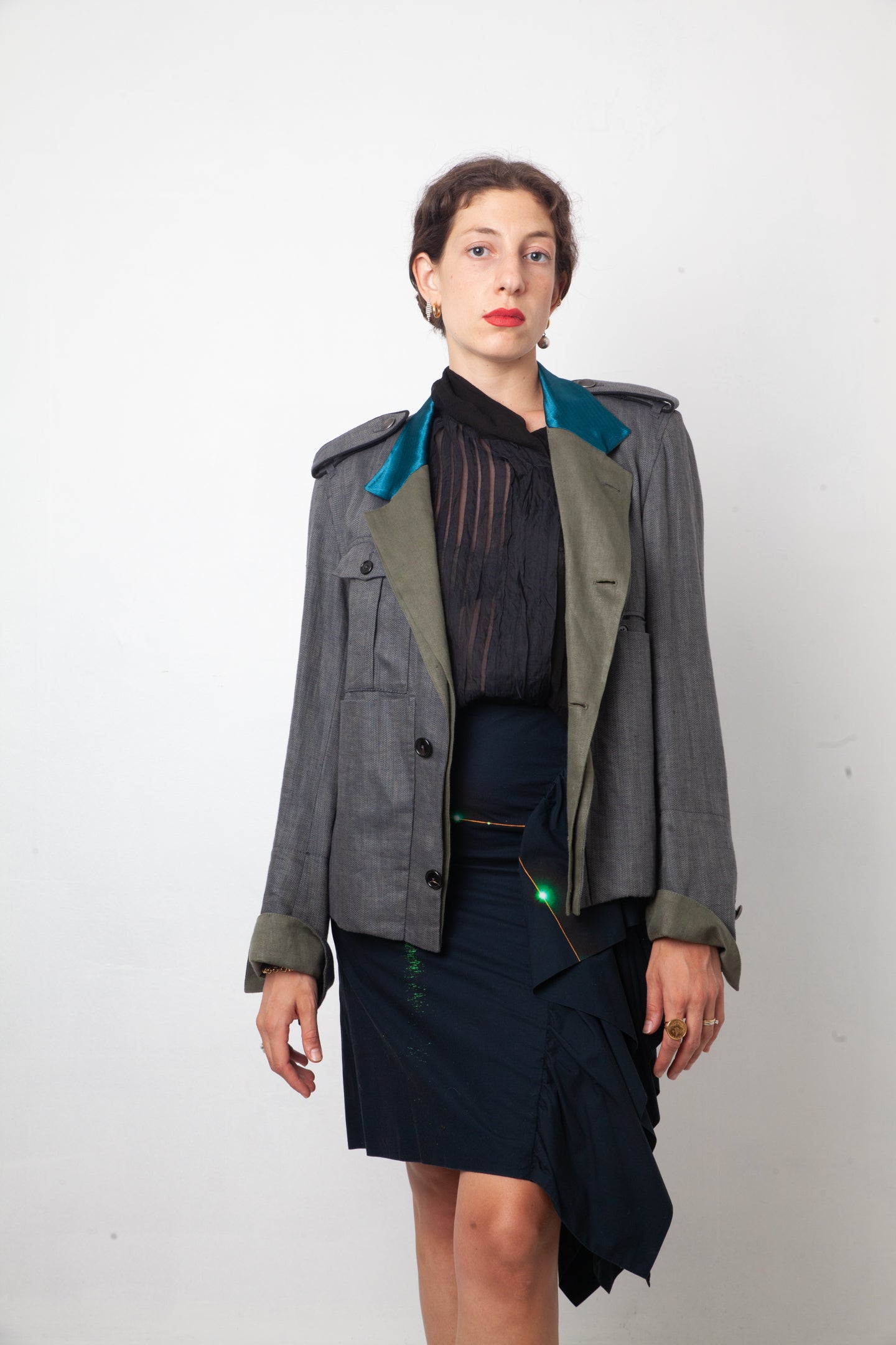 Ann Demeulemeester 2000's linen military blazer with turquoise collar