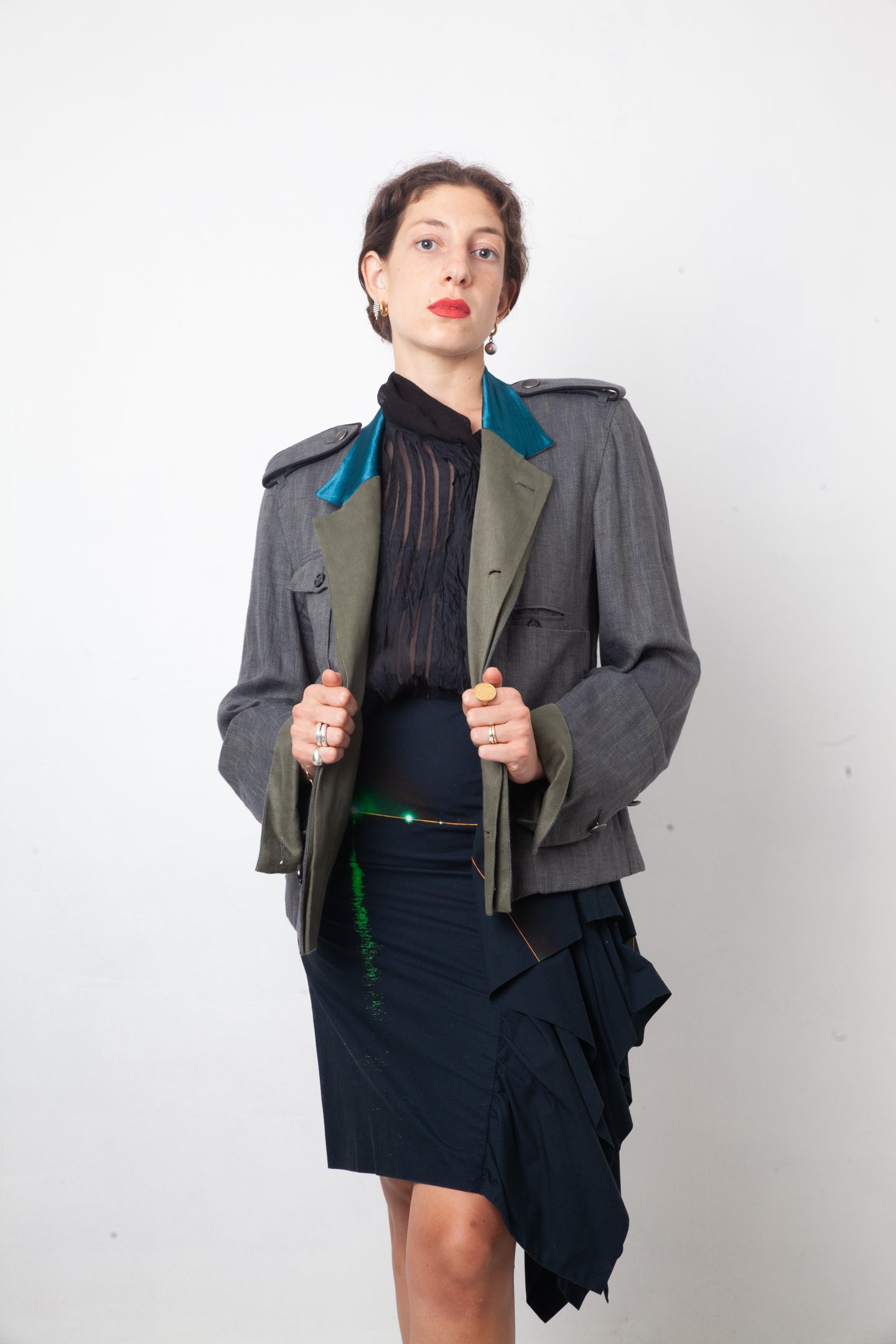 Ann Demeulemeester 2000's linen military blazer with turquoise collar