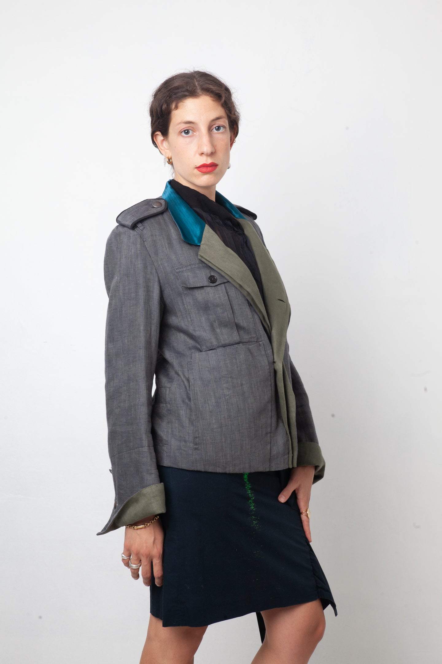 Ann Demeulemeester 2000's linen military blazer with turquoise collar