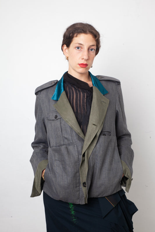 Ann Demeulemeester 2000's linen military blazer with turquoise collar