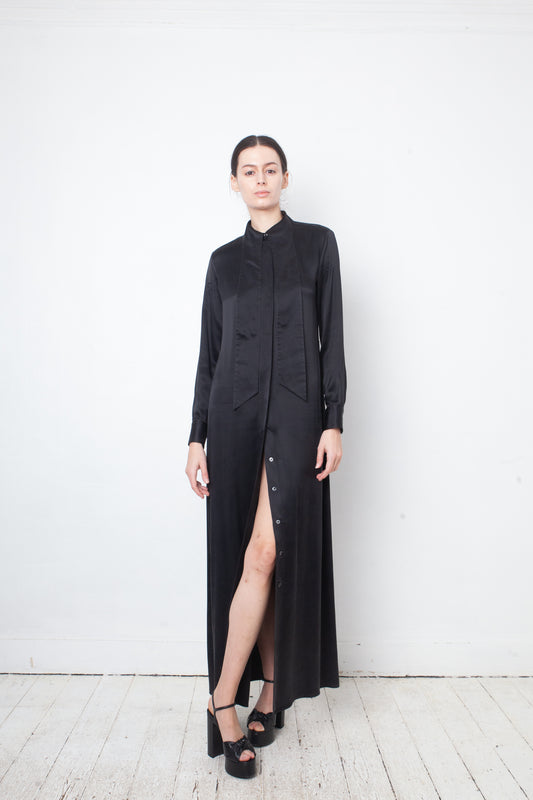Margiela FW 2007 silk black button down shirt dress with attached tie