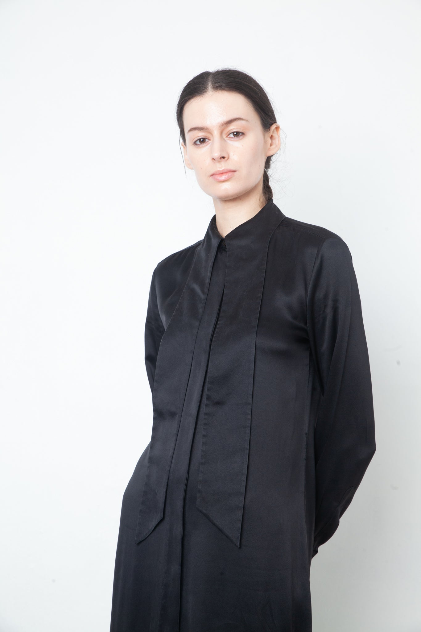 Margiela FW 2007 silk black button down shirt dress with attached tie