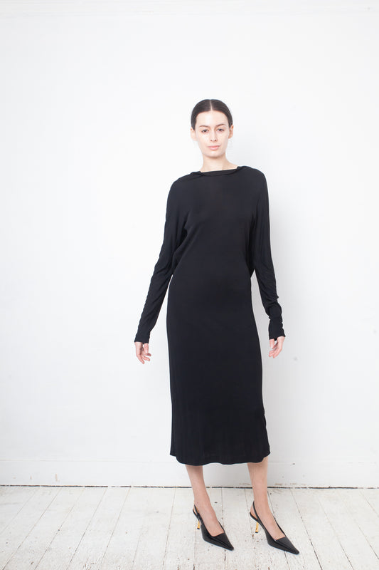 Margiela FW 2007 black long sleeve dress with circle shaped draped back