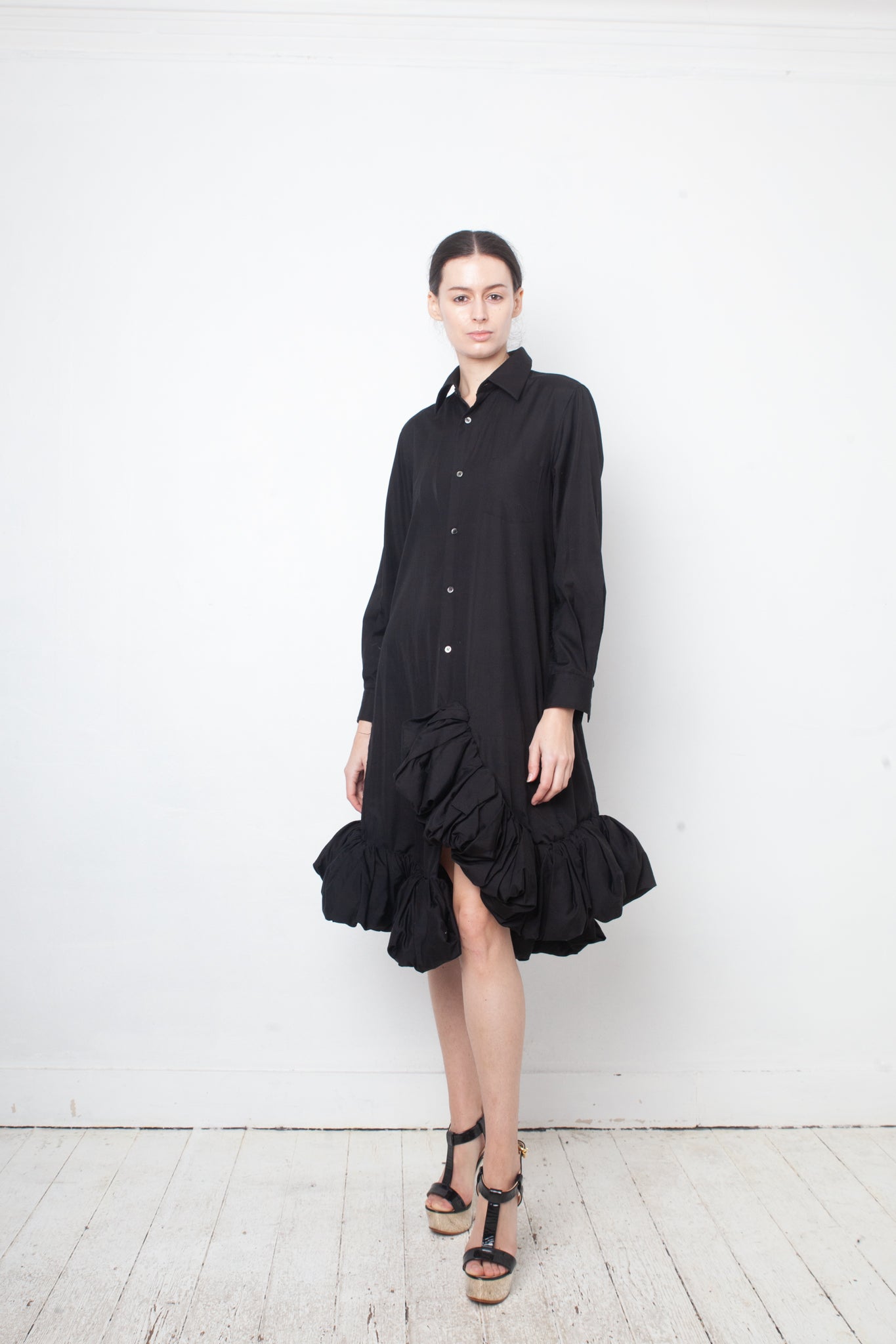 Comme des Garçons AD 2021 black cotton shirt dress with sculptural balloon hems