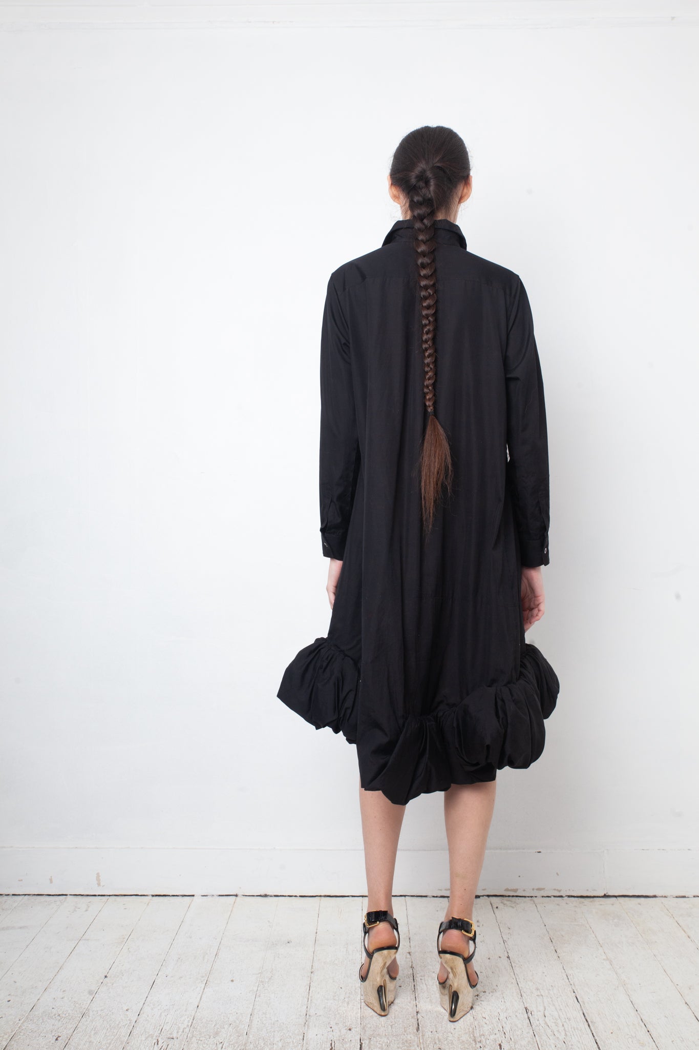 Comme des Garçons AD 2021 black cotton shirt dress with sculptural balloon hems