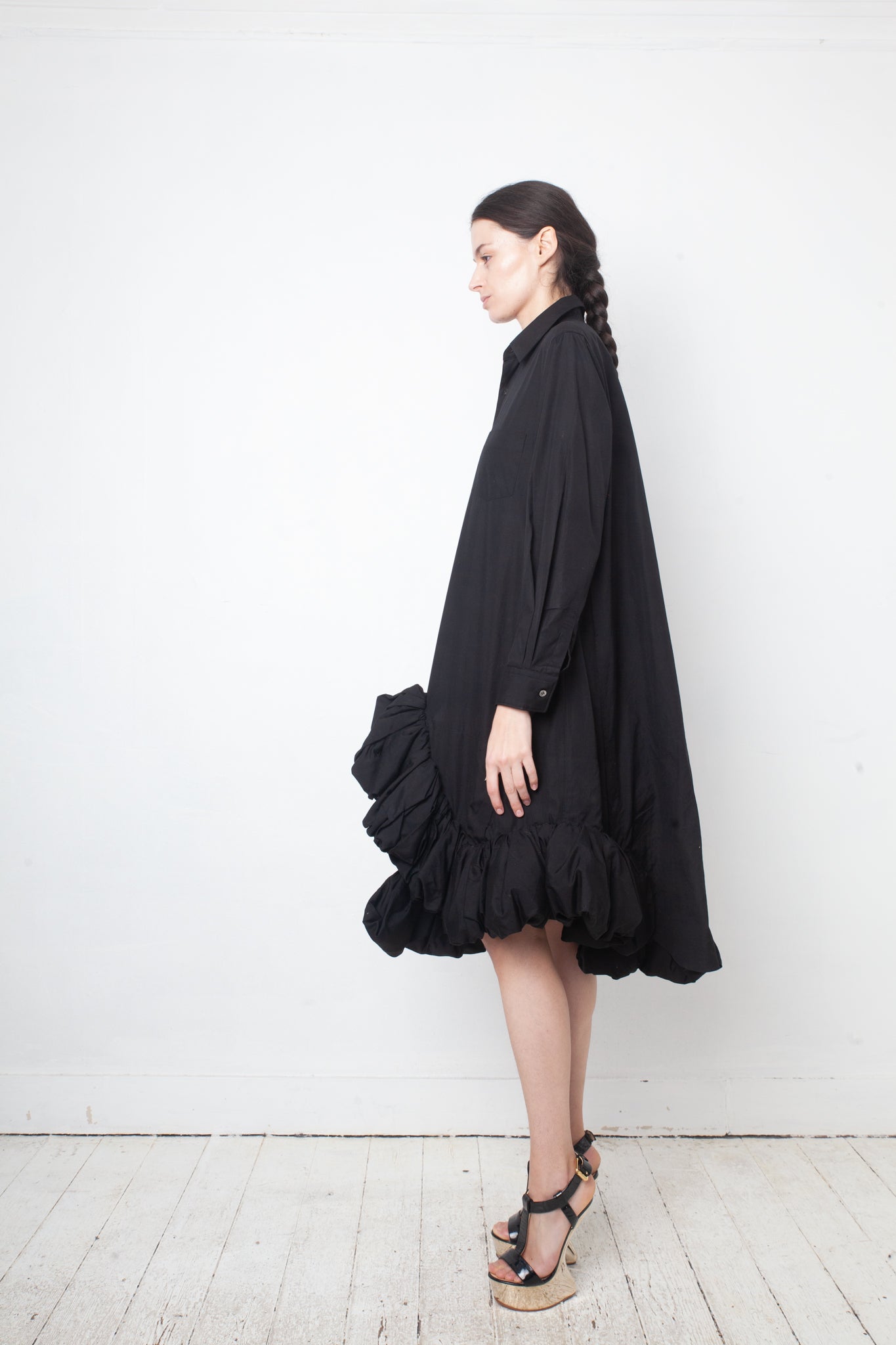 Comme des Garçons AD 2021 black cotton shirt dress with sculptural balloon hems