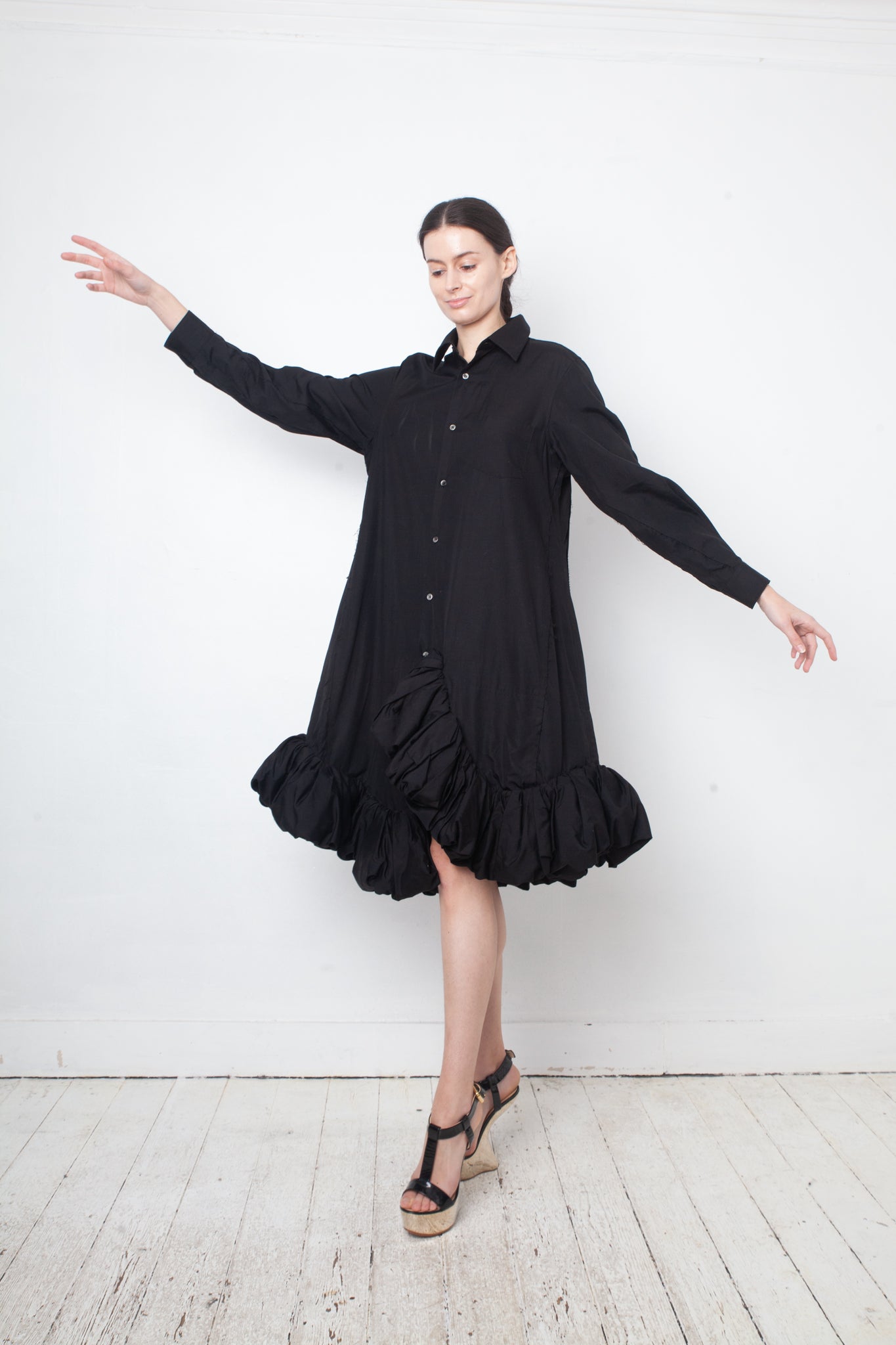 Comme des Garçons AD 2021 black cotton shirt dress with sculptural balloon hems