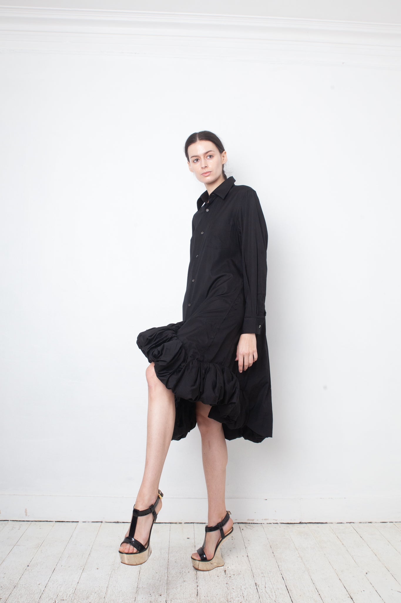 Comme des Garçons AD 2021 black cotton shirt dress with sculptural balloon hems