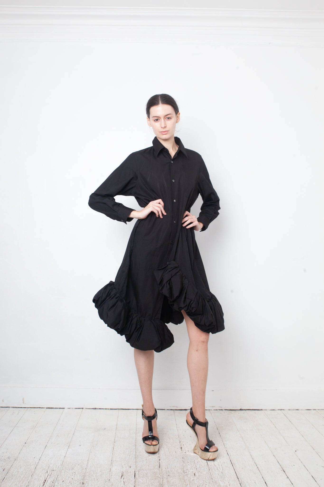 Comme des Garçons AD 2021 black cotton shirt dress with sculptural balloon hems