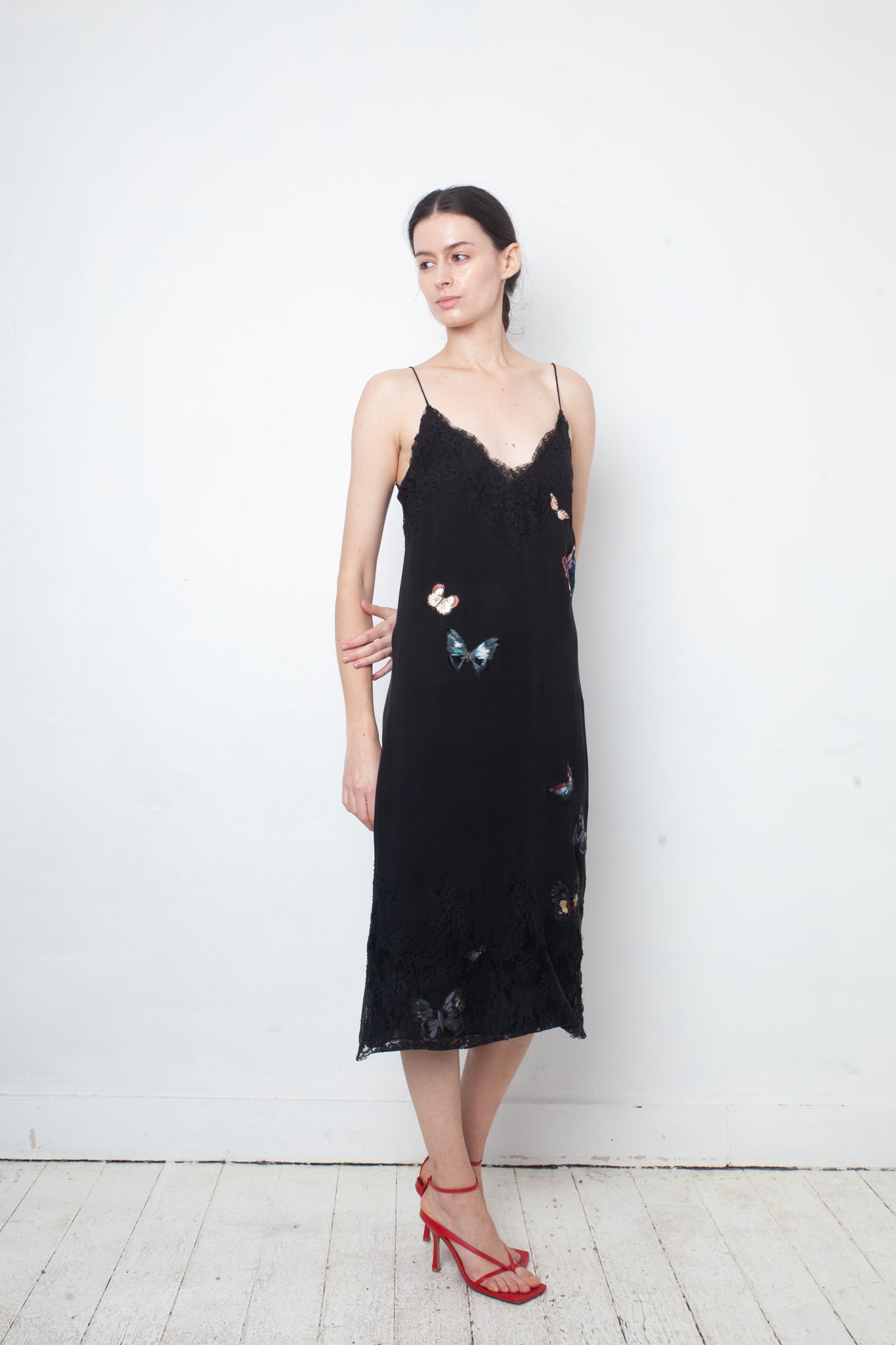 Valentino black slip on dress with lace trims and butterfly embroideries