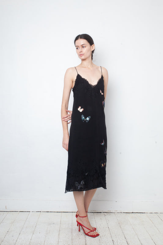 Valentino black slip on dress with lace trims and butterfly embroideries