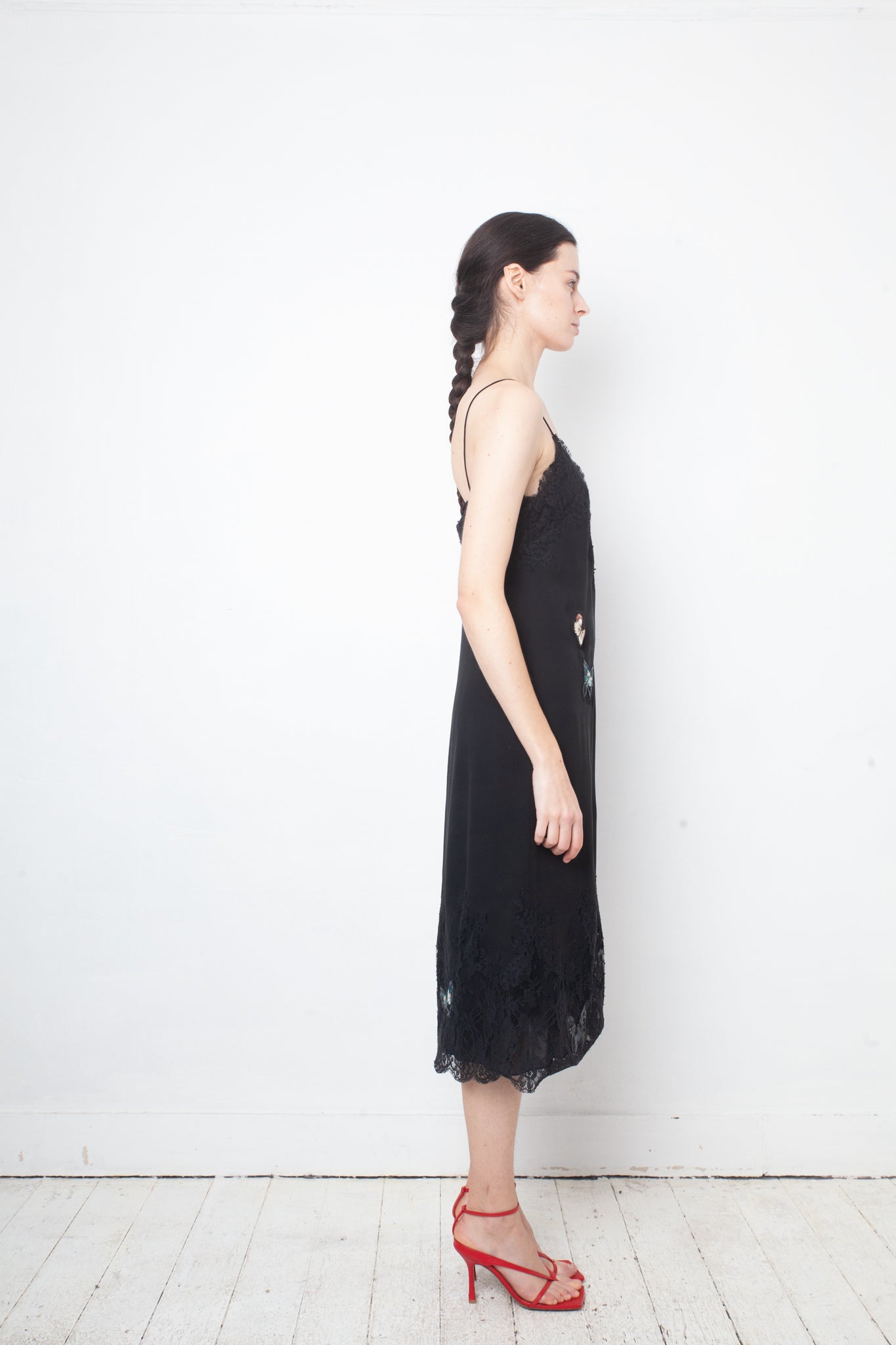 Valentino black slip on dress with lace trims and butterfly embroideries