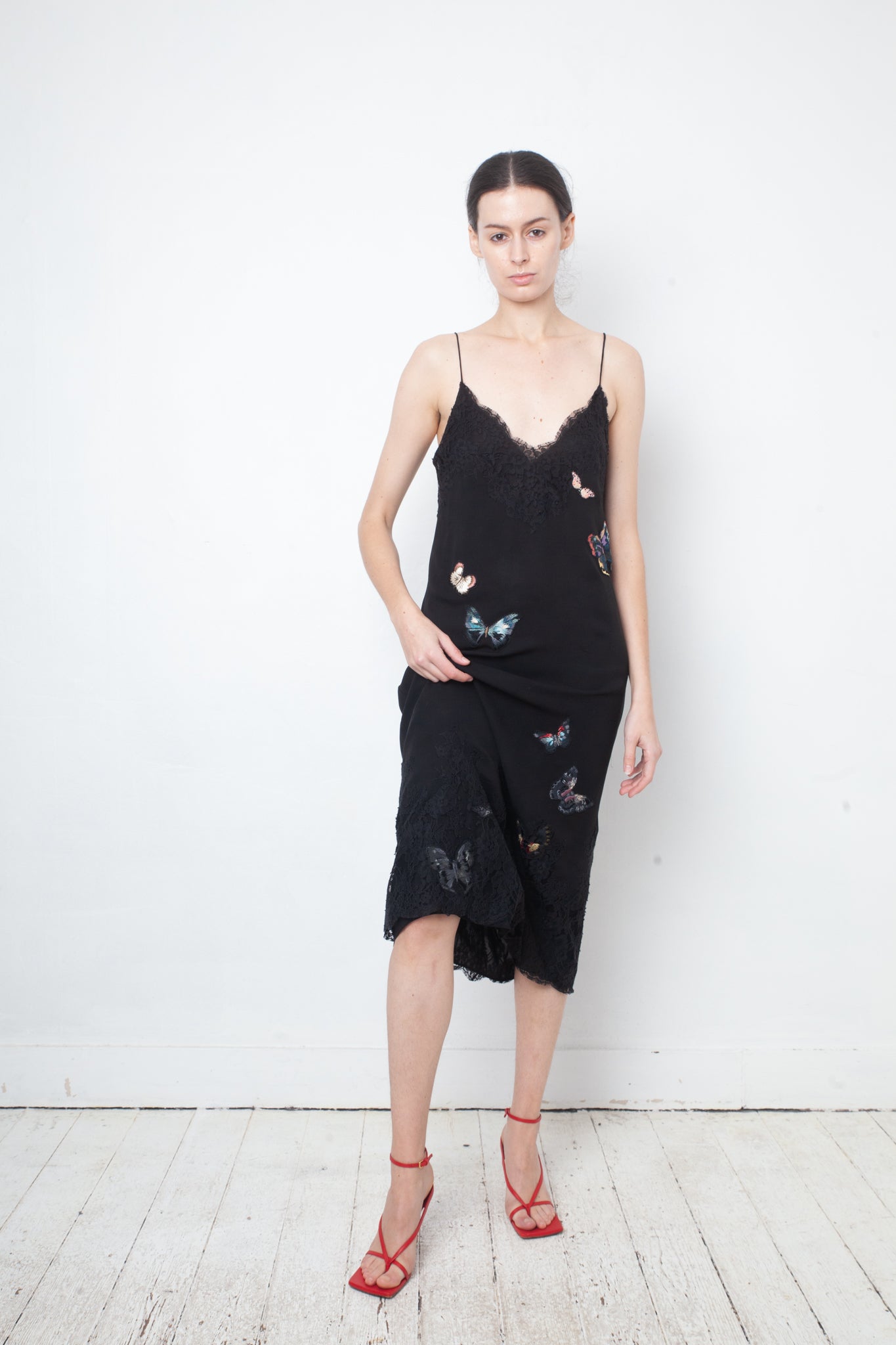 Valentino black slip on dress with lace trims and butterfly embroideries