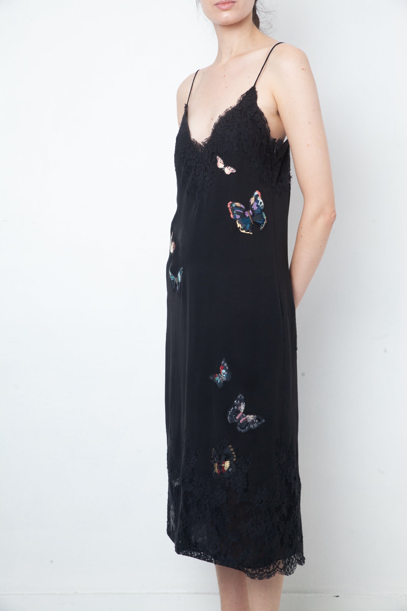 Valentino black slip on dress with lace trims and butterfly embroideries