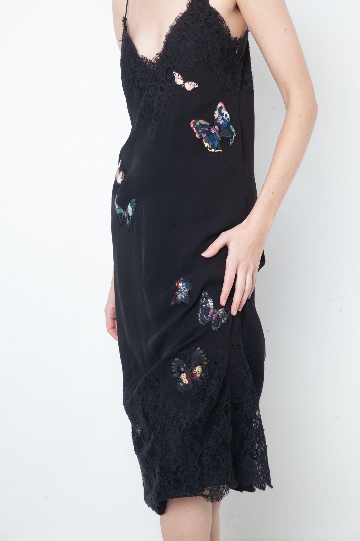 Valentino black slip on dress with lace trims and butterfly embroideries