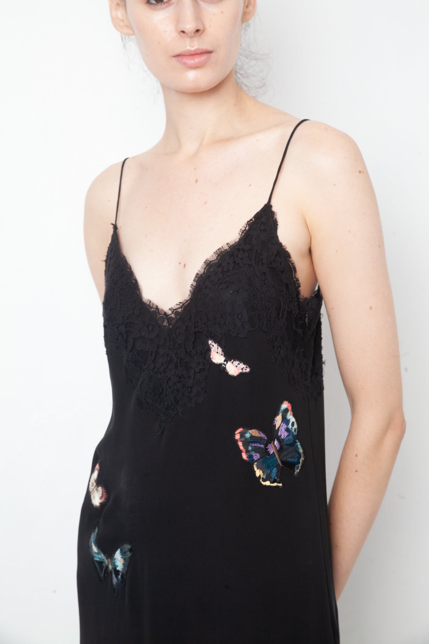 Valentino black slip on dress with lace trims and butterfly embroideries