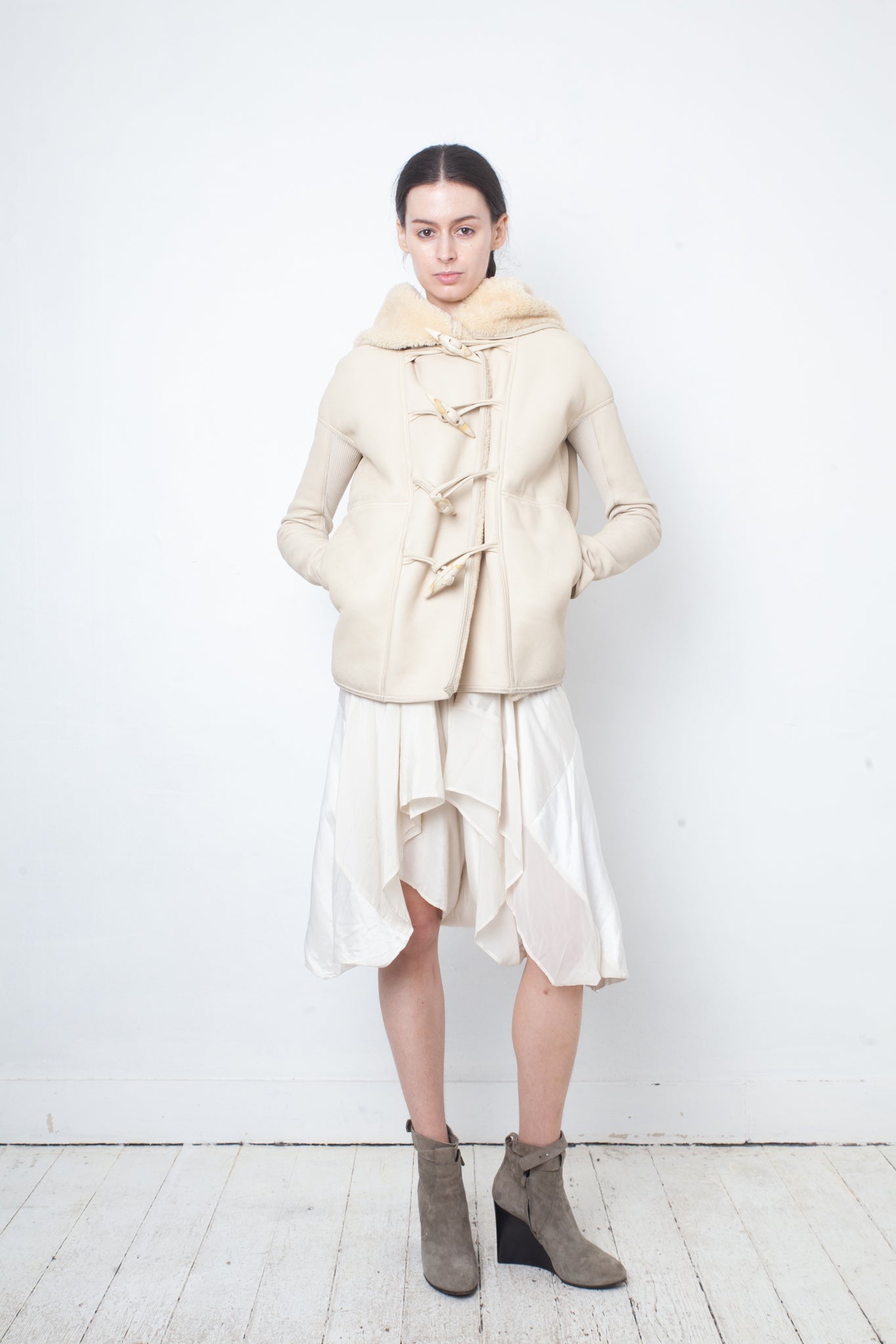Rick Owens Fall 2013 ivory shearling jacket with hood and buffalo bone buttons