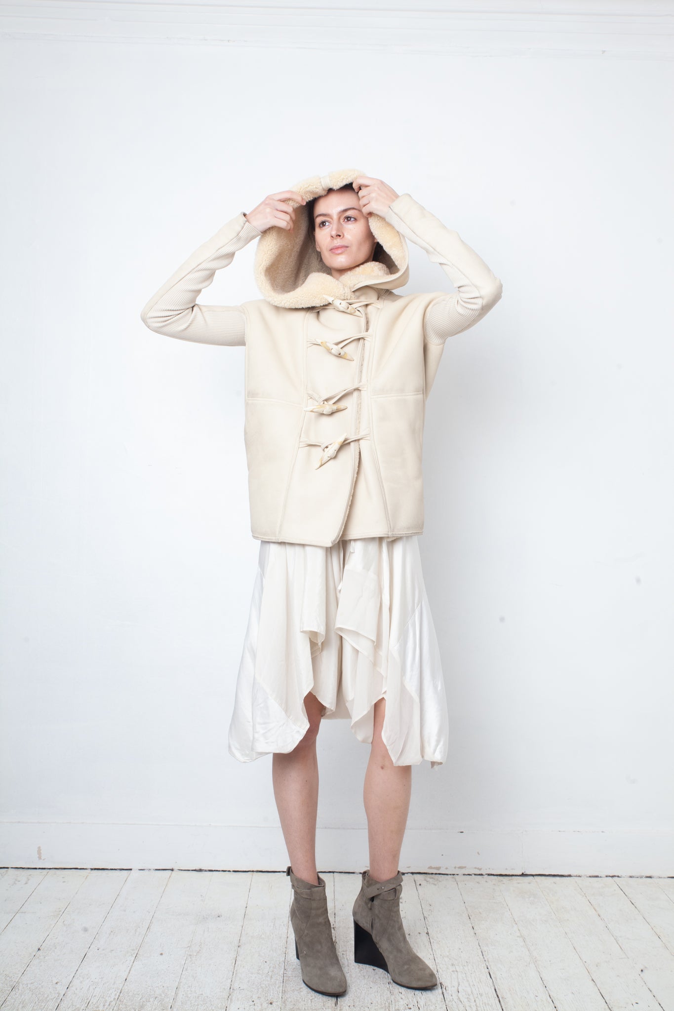 Rick Owens Fall 2013 ivory shearling jacket with hood and buffalo bone buttons