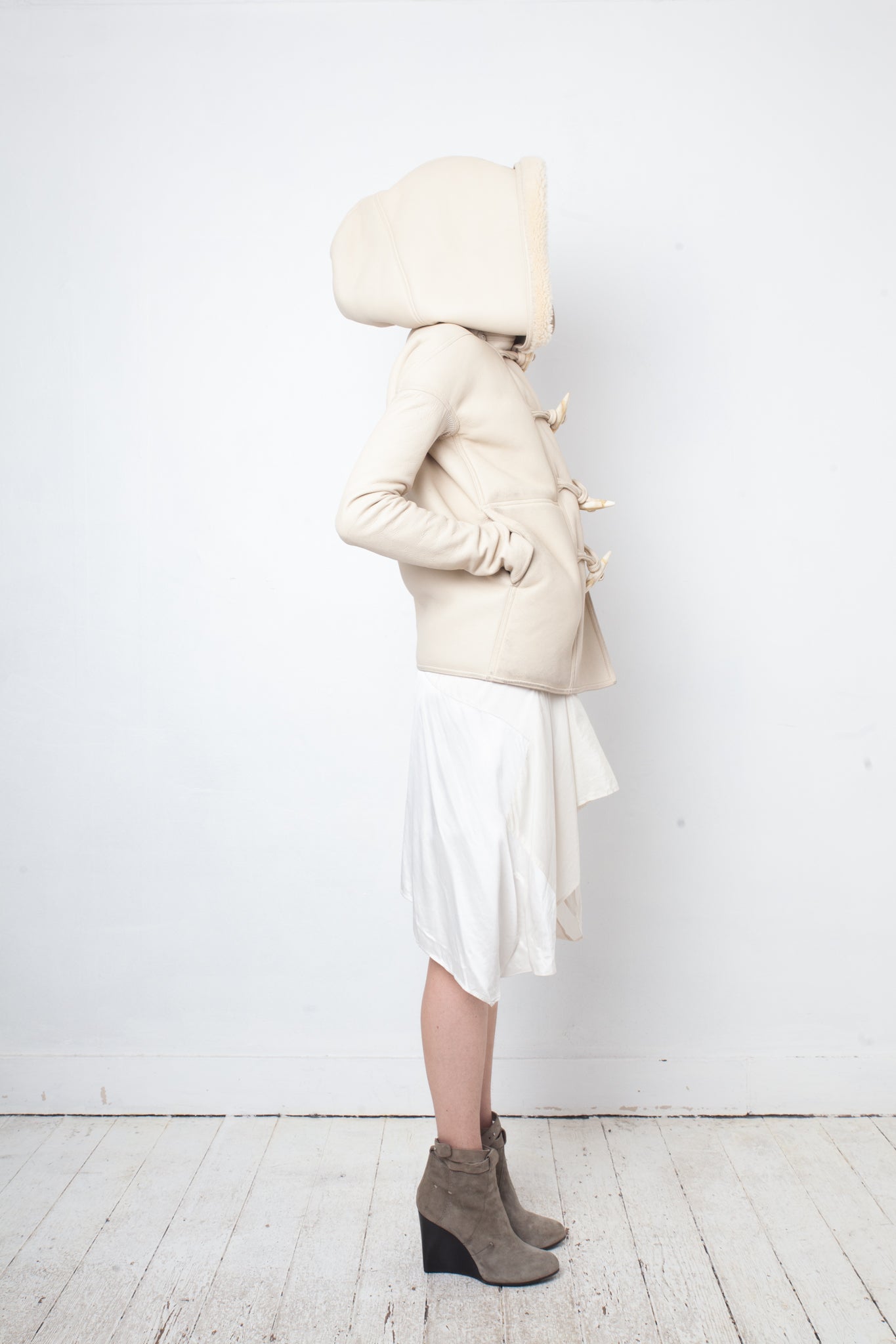 Rick Owens Fall 2013 ivory shearling jacket with hood and buffalo bone buttons