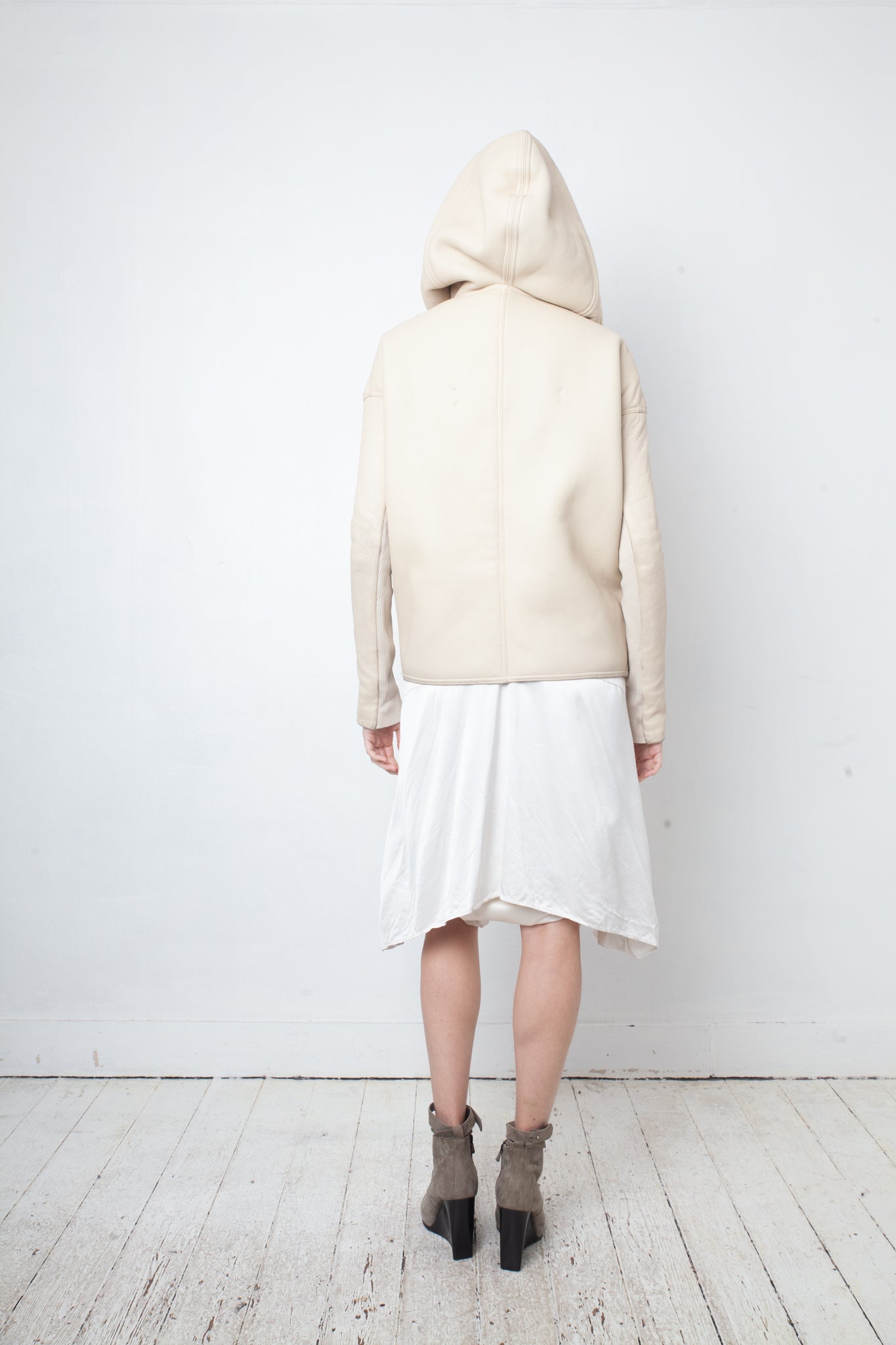 Rick Owens Fall 2013 ivory shearling jacket with hood and buffalo bone buttons