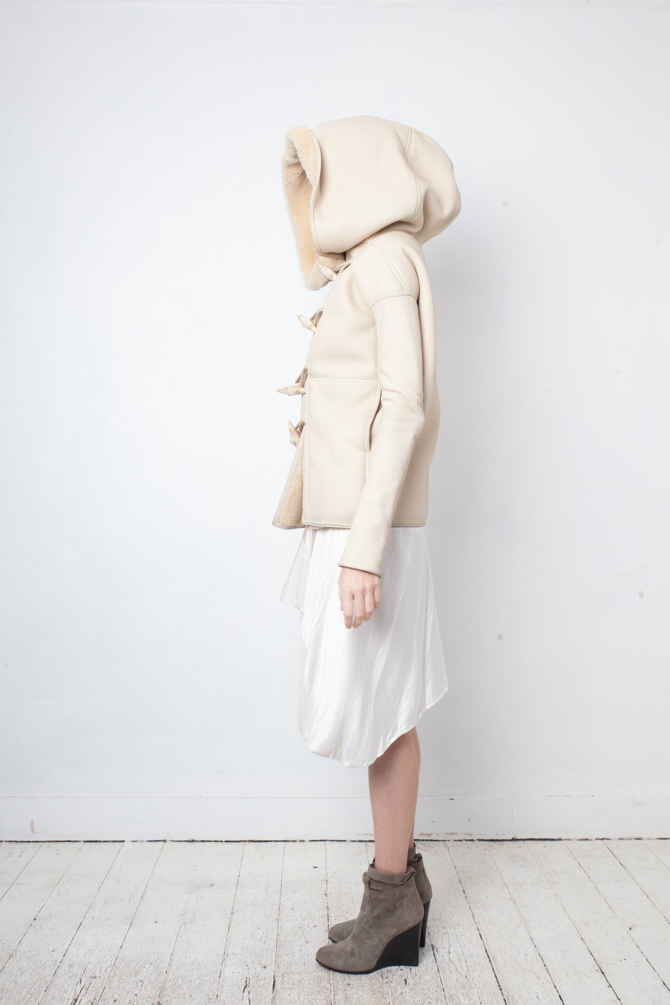 Rick Owens Fall 2013 ivory shearling jacket with hood and buffalo bone buttons