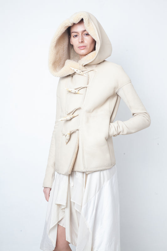 Rick Owens Fall 2013 ivory shearling jacket with hood and buffalo bone buttons