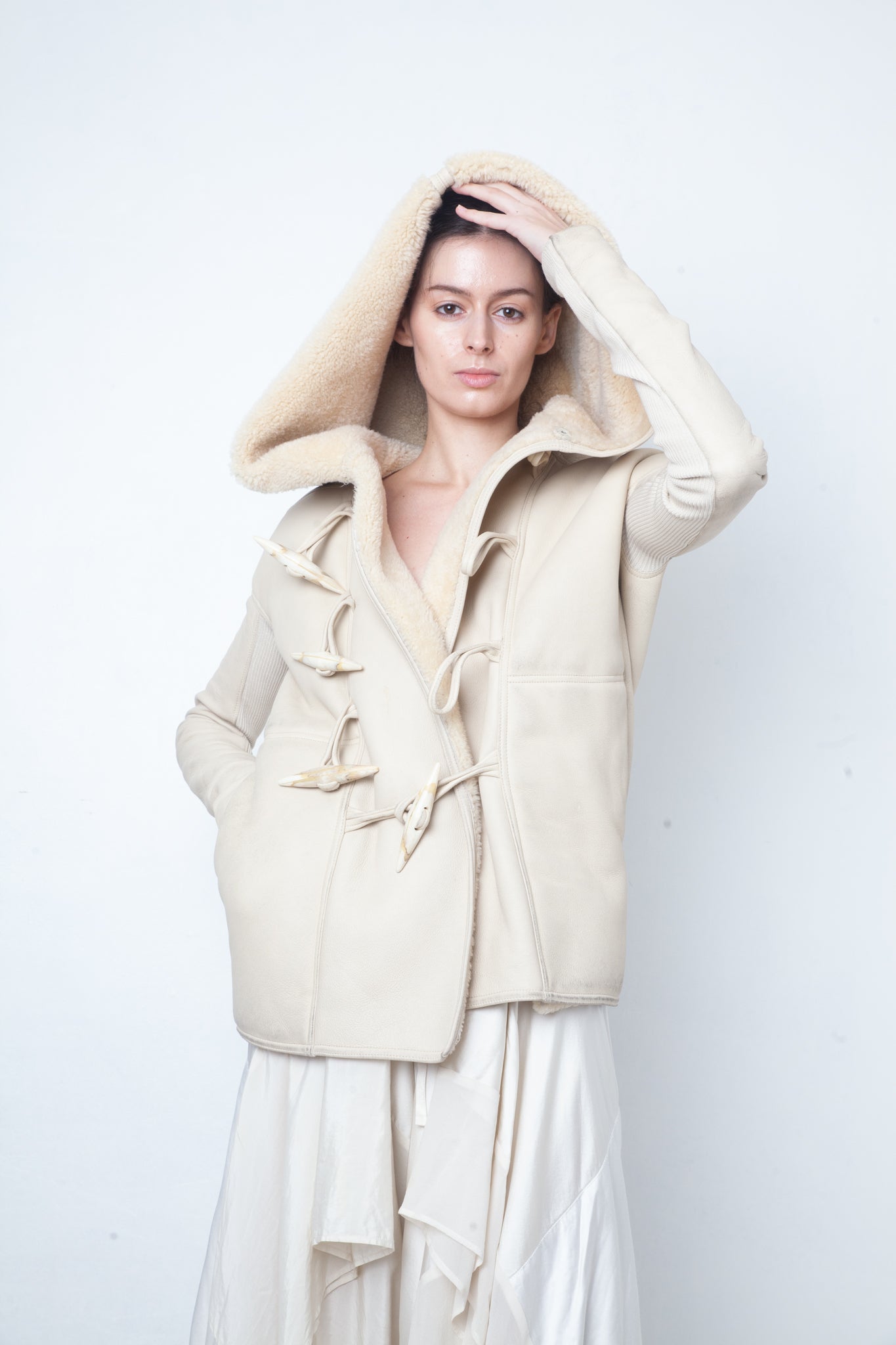 Rick Owens Fall 2013 ivory shearling jacket with hood and buffalo bone buttons
