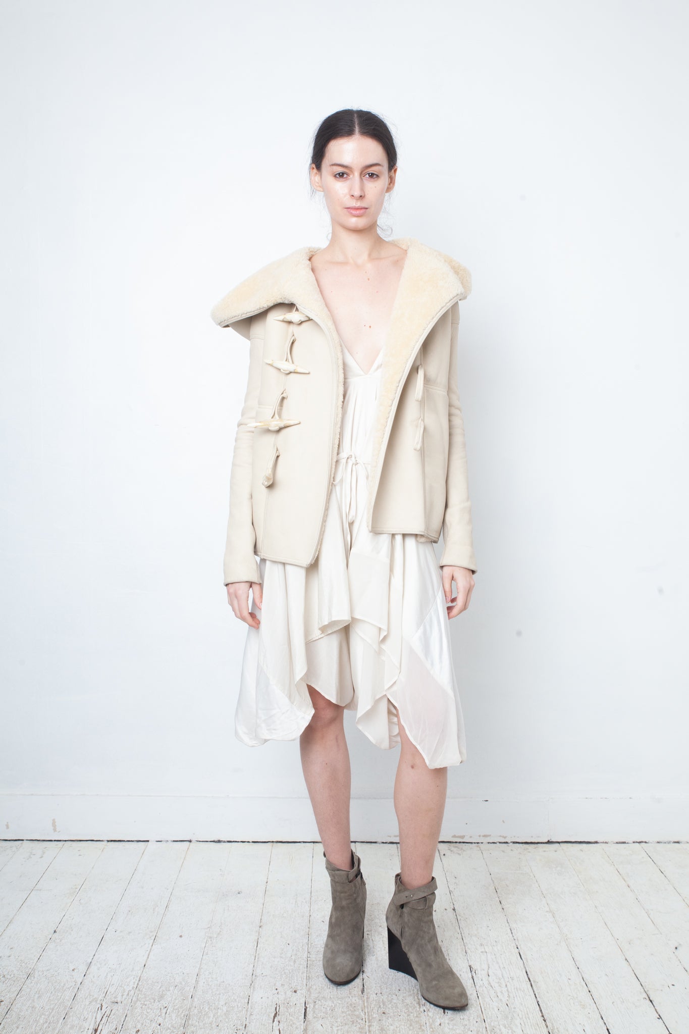 Rick Owens Fall 2013 ivory shearling jacket with hood and buffalo bone buttons