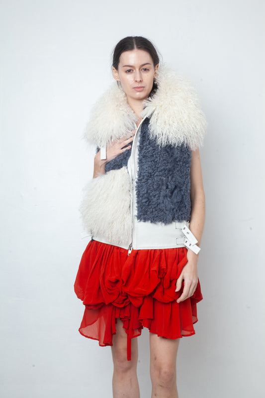 Sacaï Fall 2014 mongolian fur sleeveless leather jacket