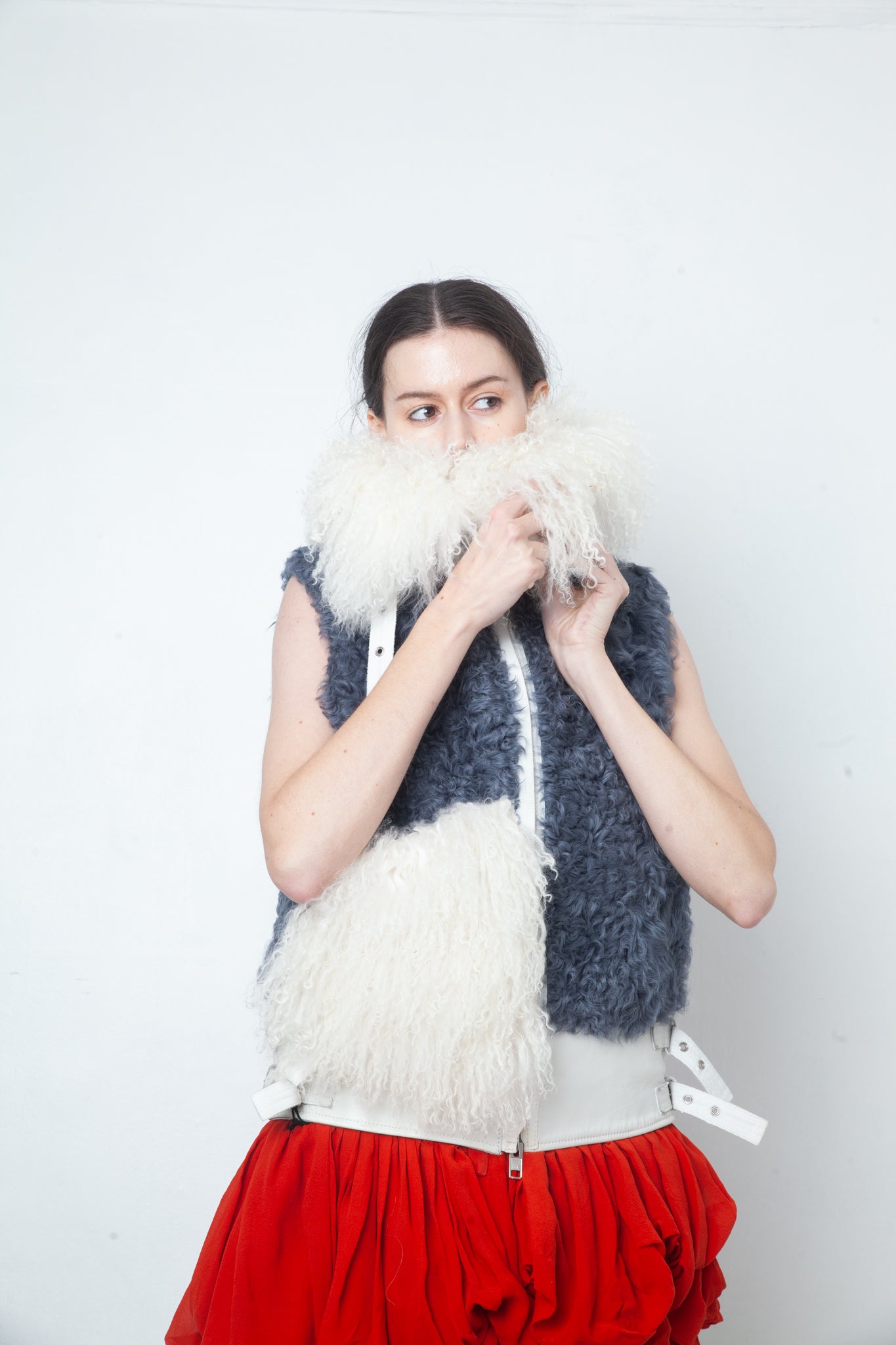 Sacaï Fall 2014 mongolian fur sleeveless leather jacket