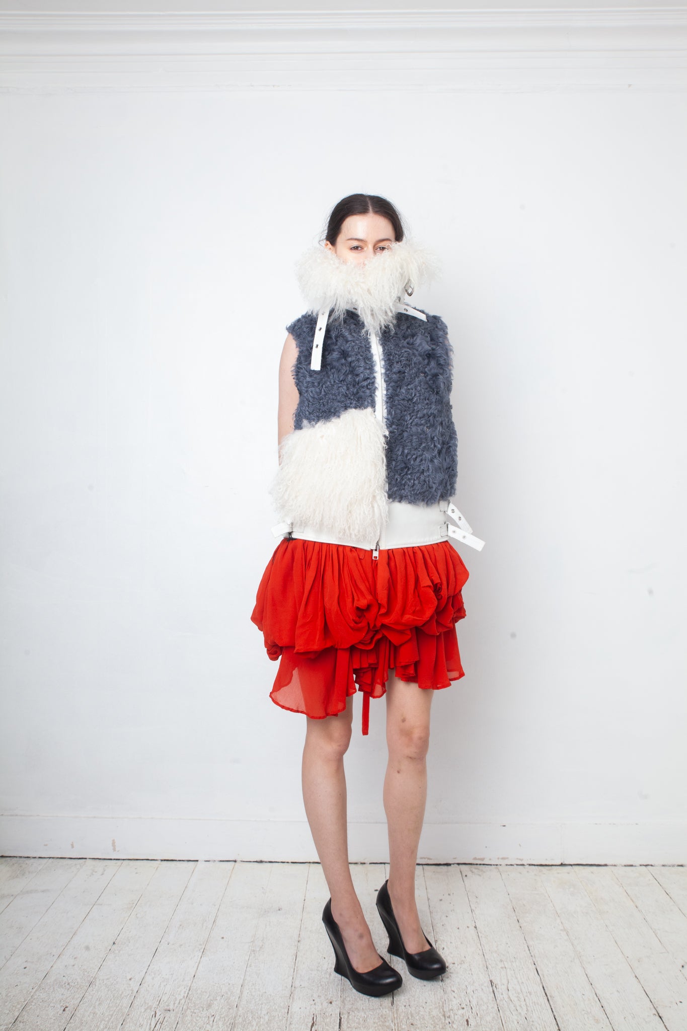 Sacaï Fall 2014 mongolian fur sleeveless leather jacket