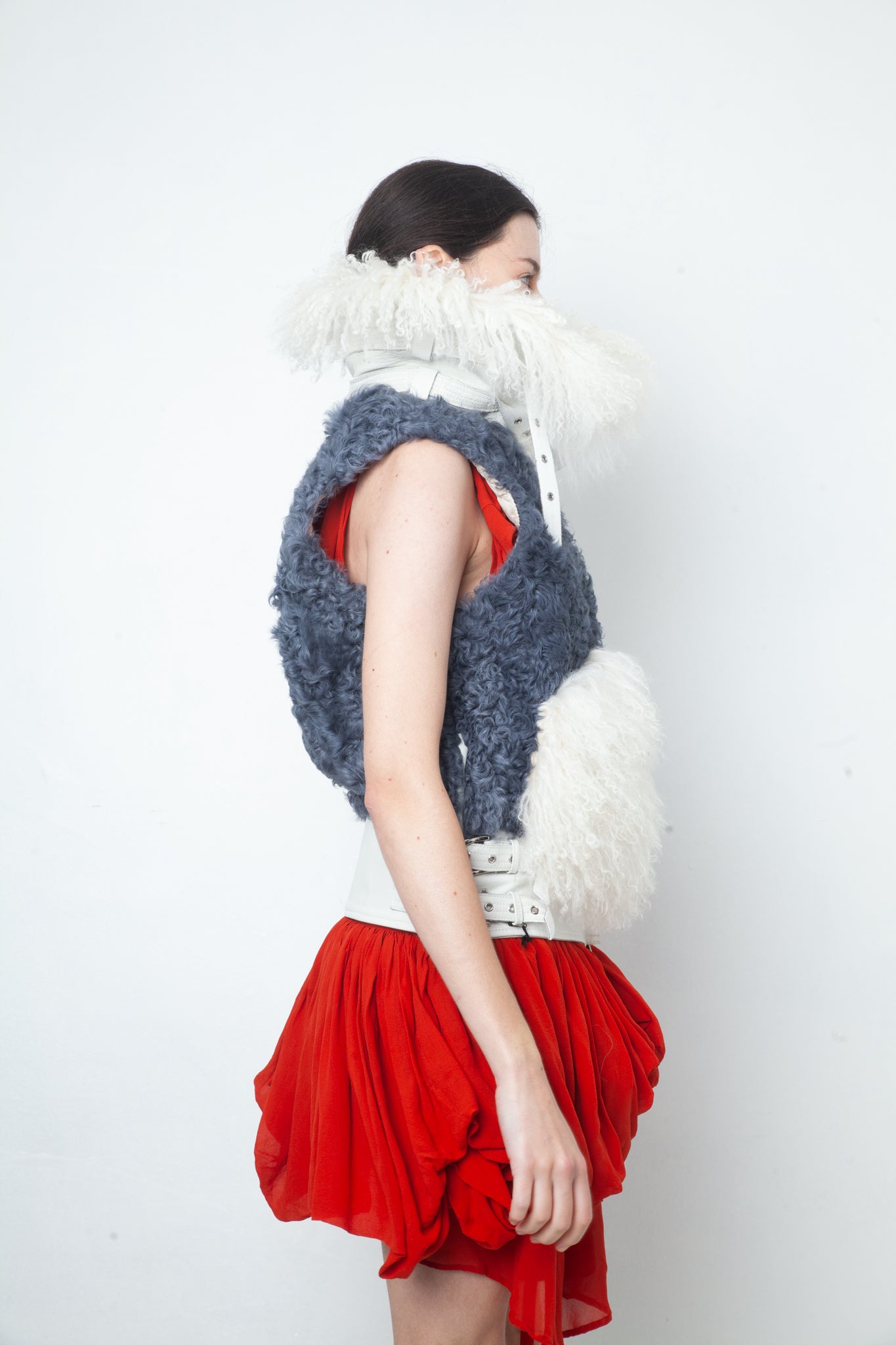 Sacaï Fall 2014 mongolian fur sleeveless leather jacket