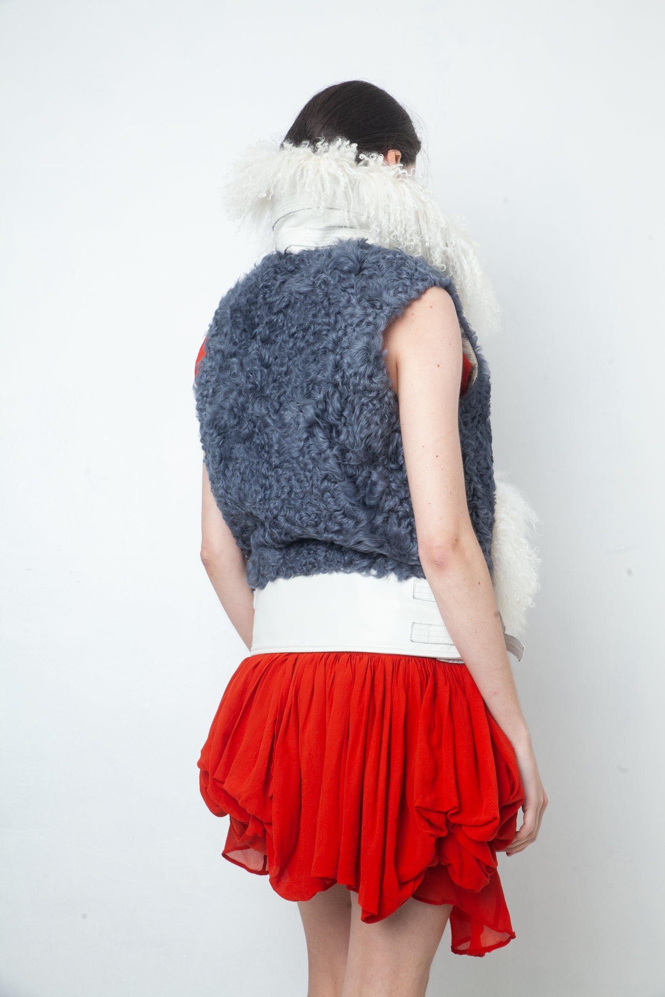 Sacaï Fall 2014 mongolian fur sleeveless leather jacket