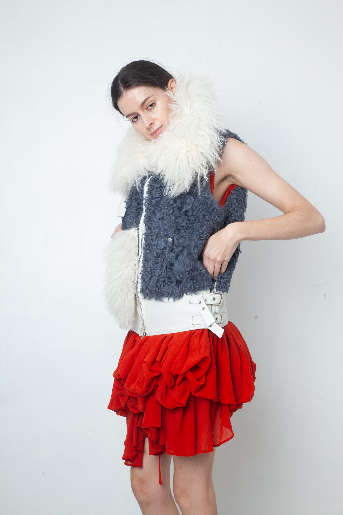 Sacaï Fall 2014 mongolian fur sleeveless leather jacket