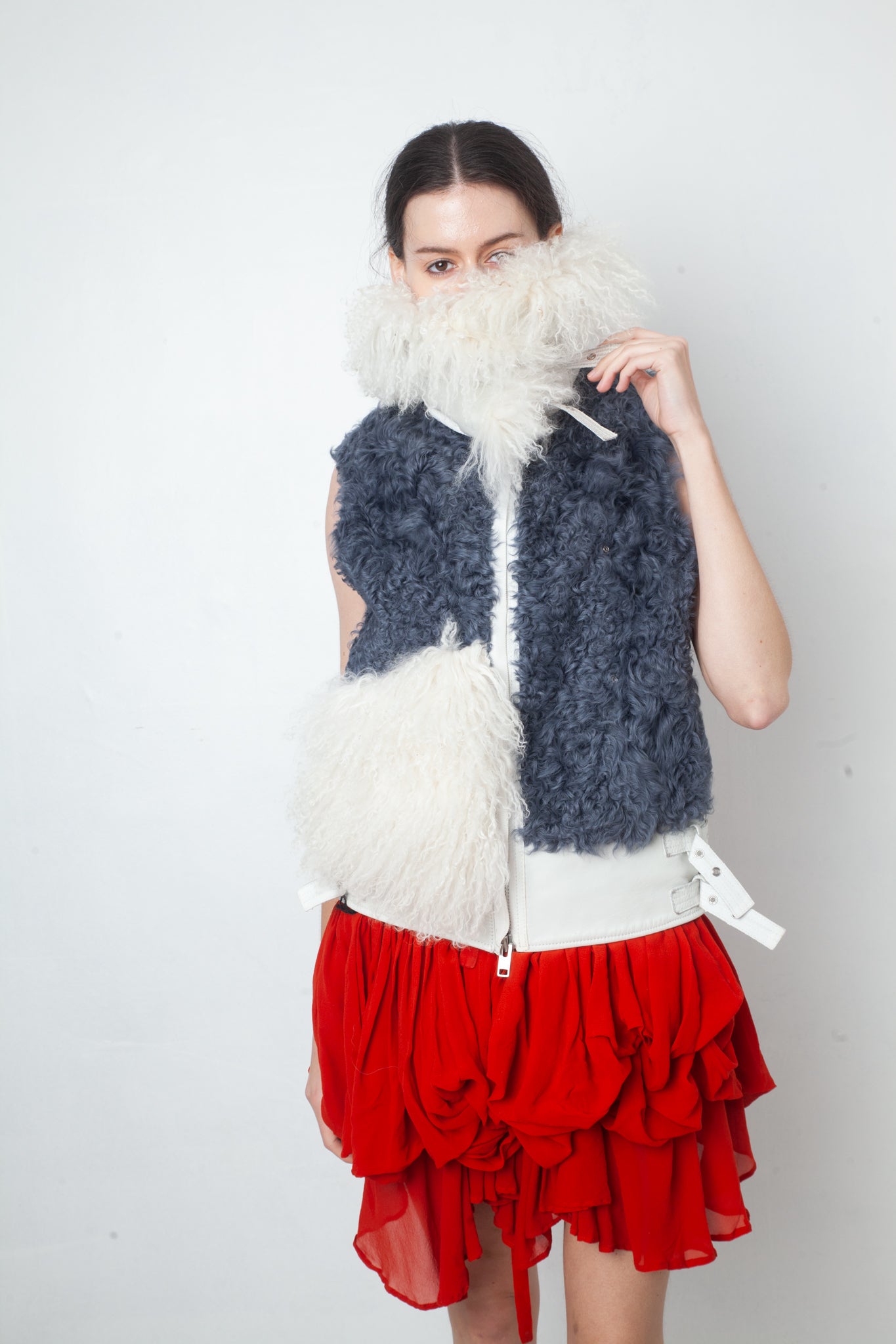 Sacaï Fall 2014 mongolian fur sleeveless leather jacket