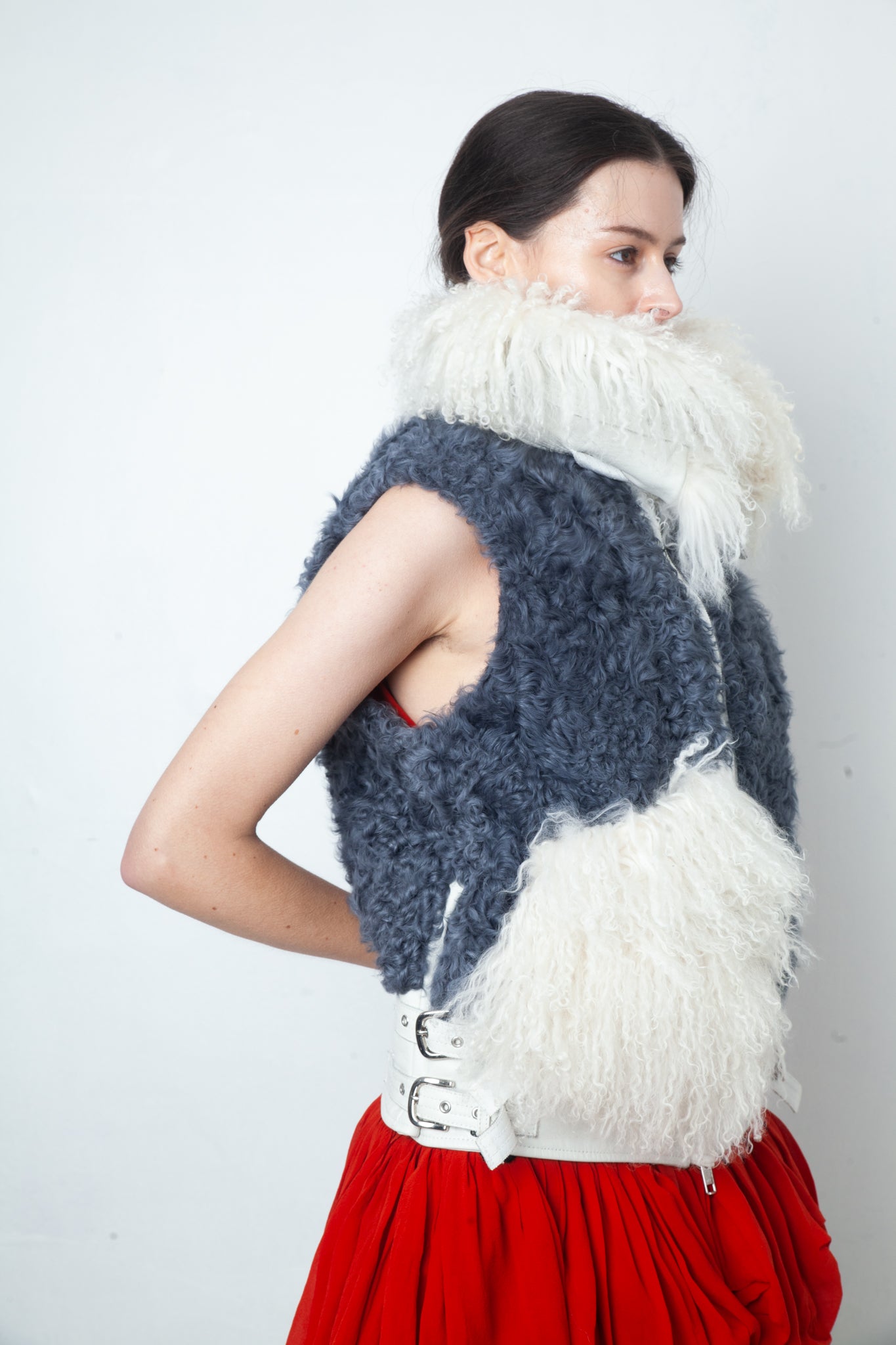 Sacaï Fall 2014 mongolian fur sleeveless leather jacket