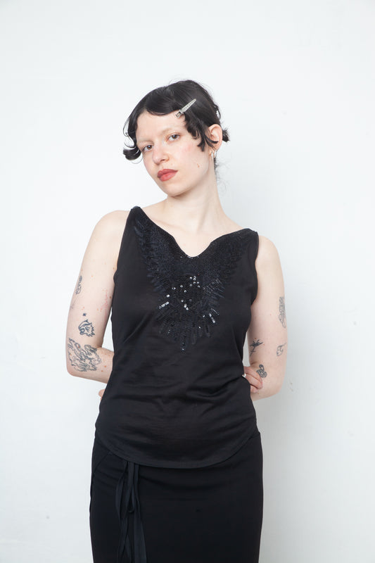 Veronique Branquinho 2000's black tank top with sequin bird
