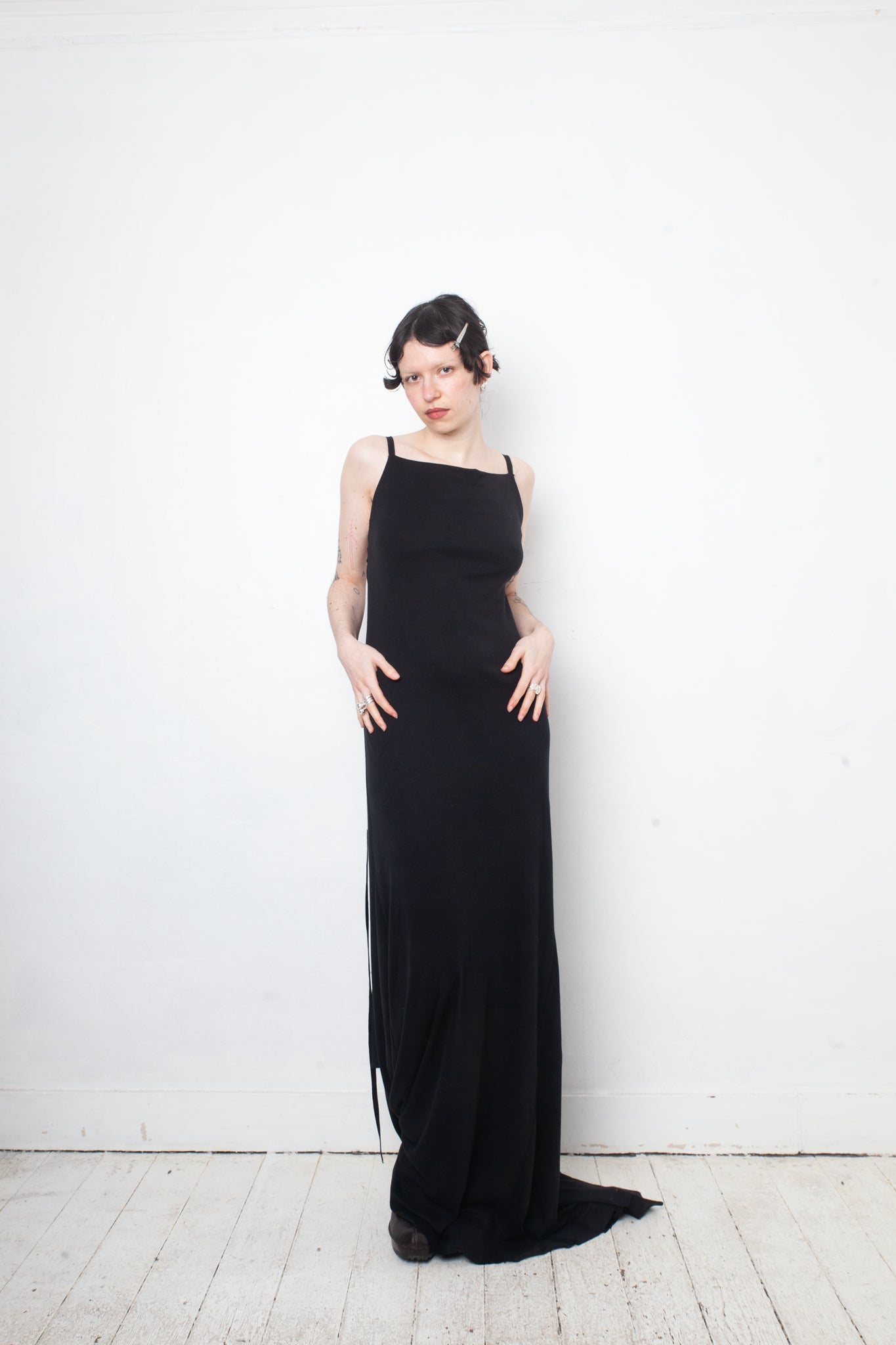 Ann Demeulemeester SS 2023  jersey black long evening dress with draped back