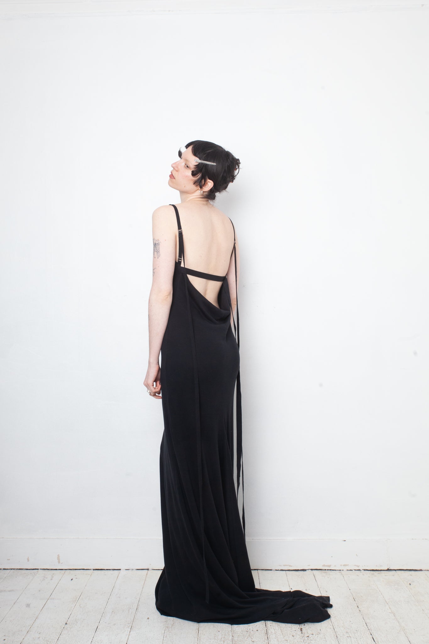 Ann Demeulemeester SS 2023  jersey black long evening dress with draped back