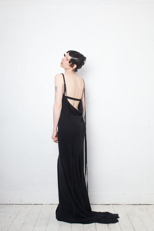 Ann Demeulemeester SS 2023  jersey black long evening dress with draped back