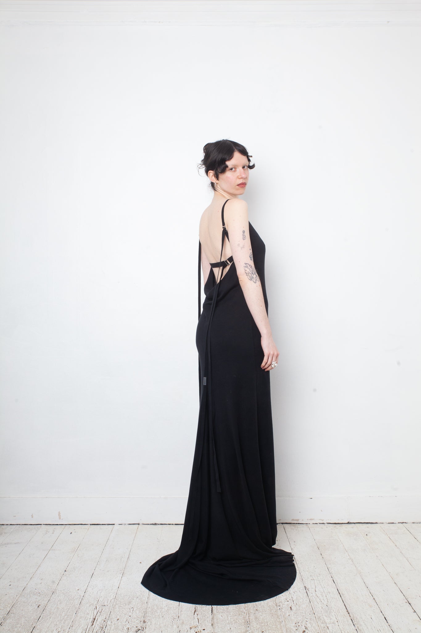 Ann Demeulemeester SS 2023  jersey black long evening dress with draped back